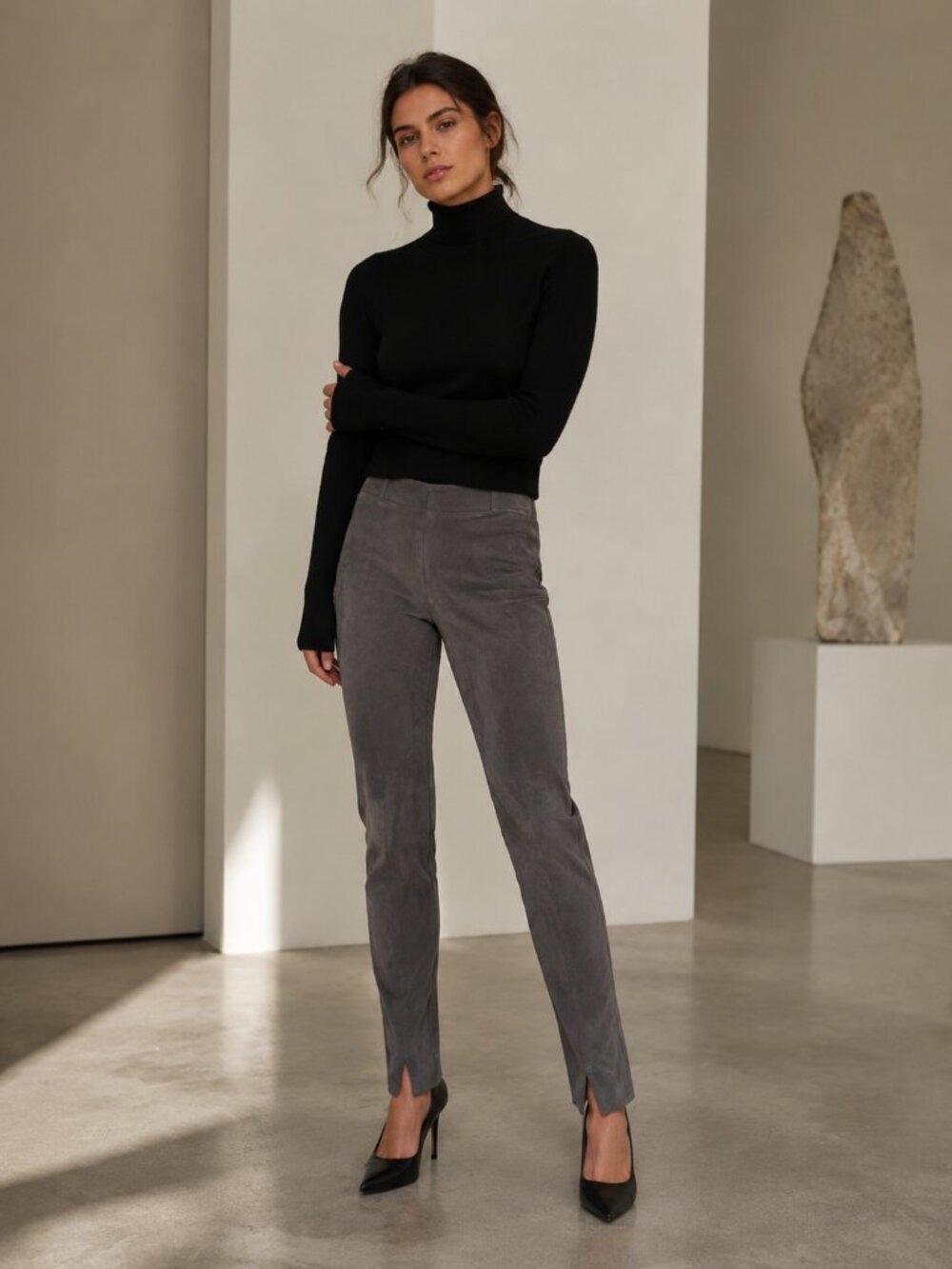 Victoria Beckham 100% Suede Leather Legging Pants - 25 Gray
